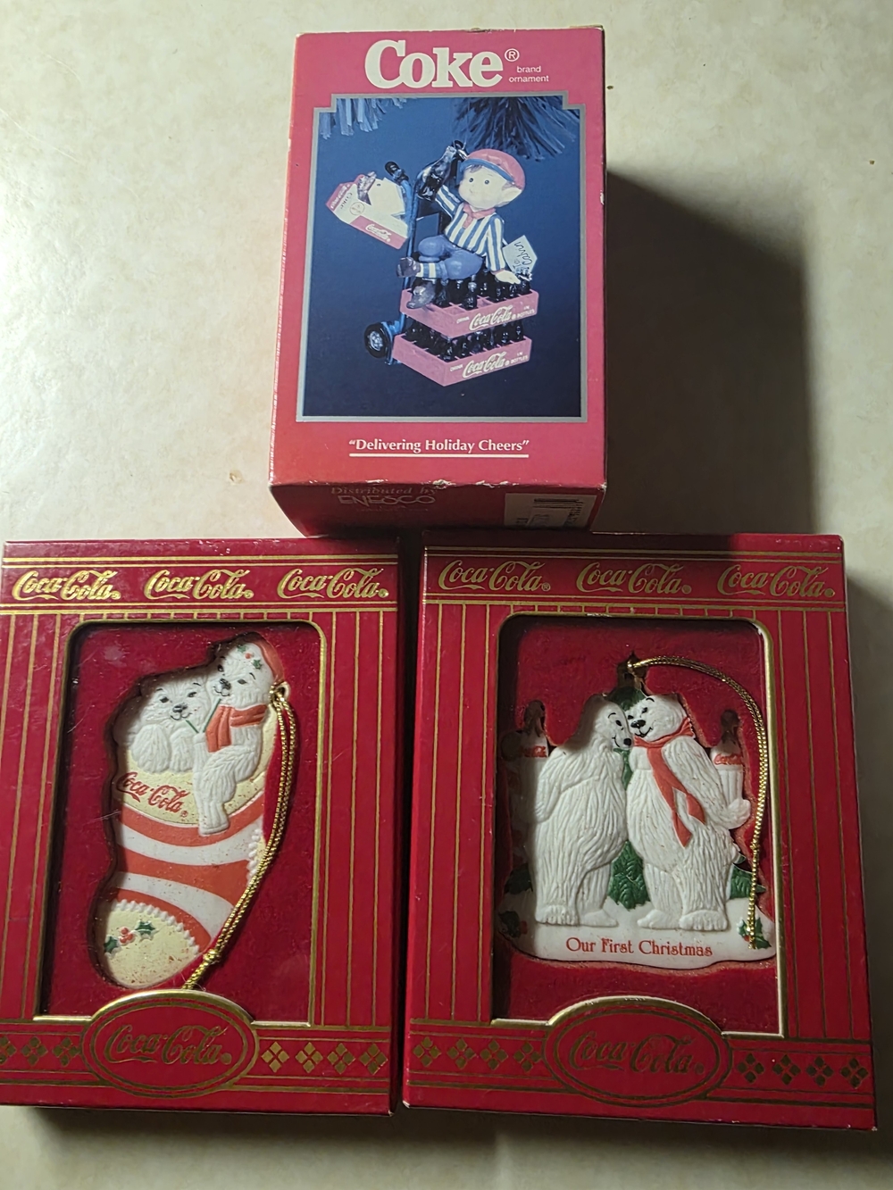 2 Coca Cola White Polar Bear & 1  Elf On Cases Of COKE!  Christmas Ornaments